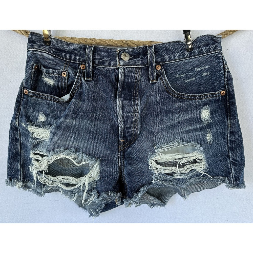 Levi's 501 Denim Jean Shorts Button Fly High Rise Distressed Booty Women's 28